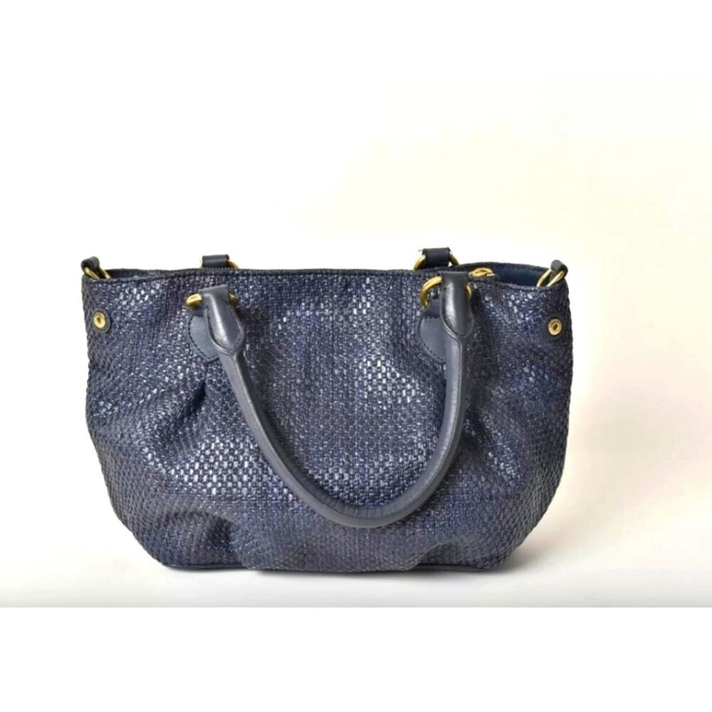 J. CREW Navy Blue Brompton Woven Straw Leather Trim Satchel Handbag Quiet Luxury - Picture 5 of 14